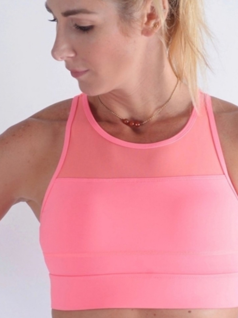 ZYIA Coral Pink High-Neck Mesh-Panel Sports Bra